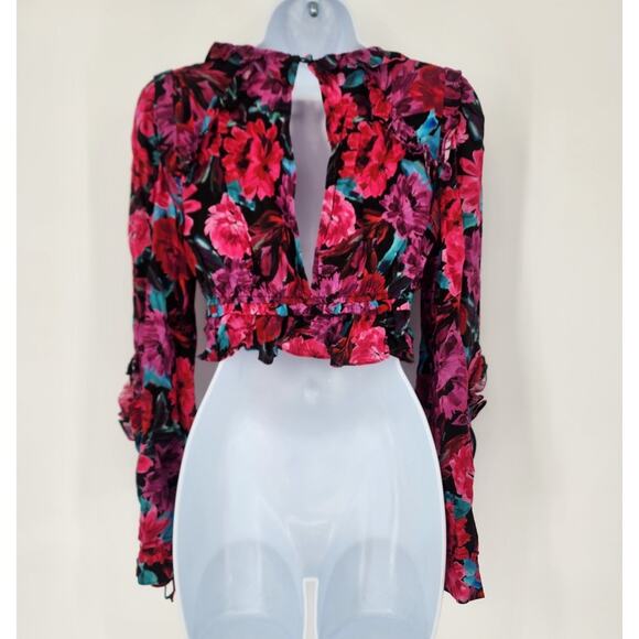 For Love & Lemons Scarlett Floral Ruffle Crop Top Pink Multi XS - Picture 3 of 11